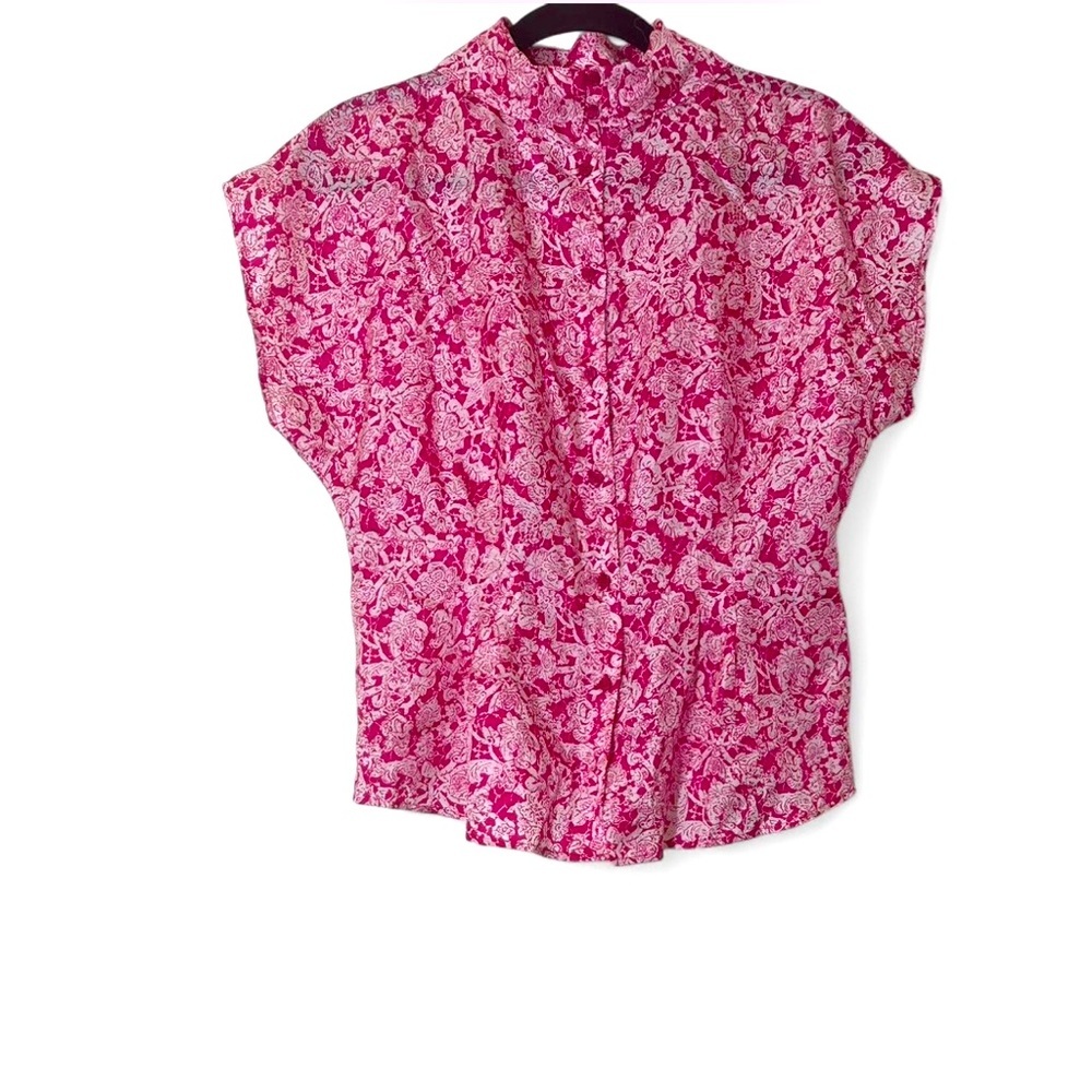 100% Silk Vintage button down Neckerchief floral blouse pink white size M